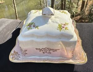 Old Foley James Kent Covered CHEESE or BUTTER DISH Floral w/ Gold Trim Square